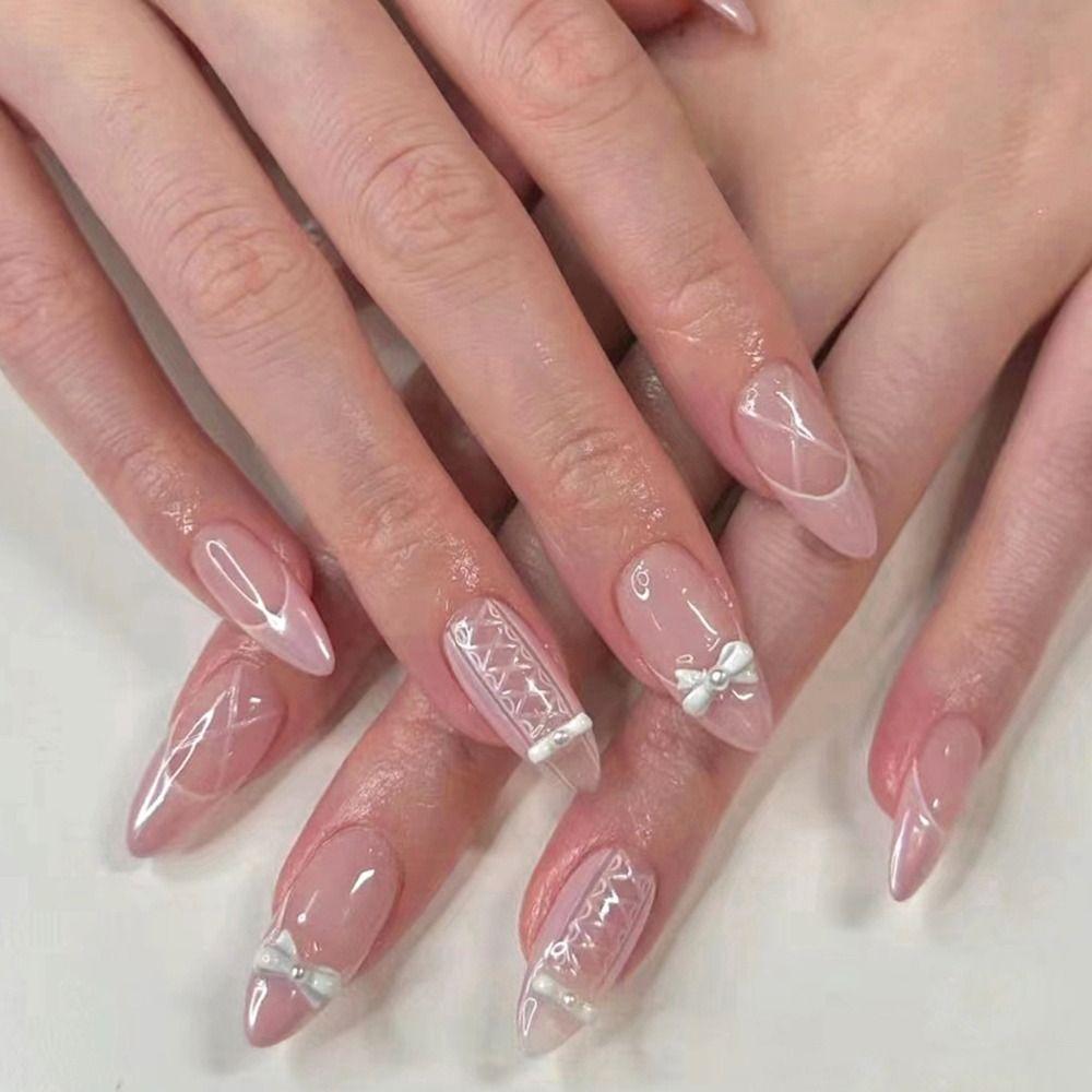 24Pcs Sweet Pink Almond Fake Nails Stiletto Pink Bowknot French Cute Pearl Bows Fake Nails Girls Women Wearable Manicure