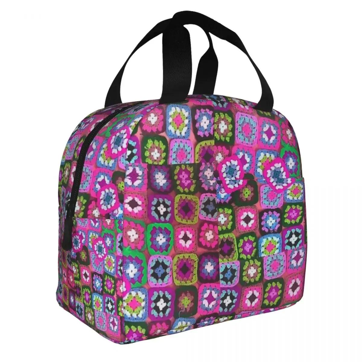 Crochet Blanket Granny Square Lunch Bags Resuable Picnic Bags Thermal Cooler Lunch Box Lunch Tote for Woman Work Children School 22x20x13CM