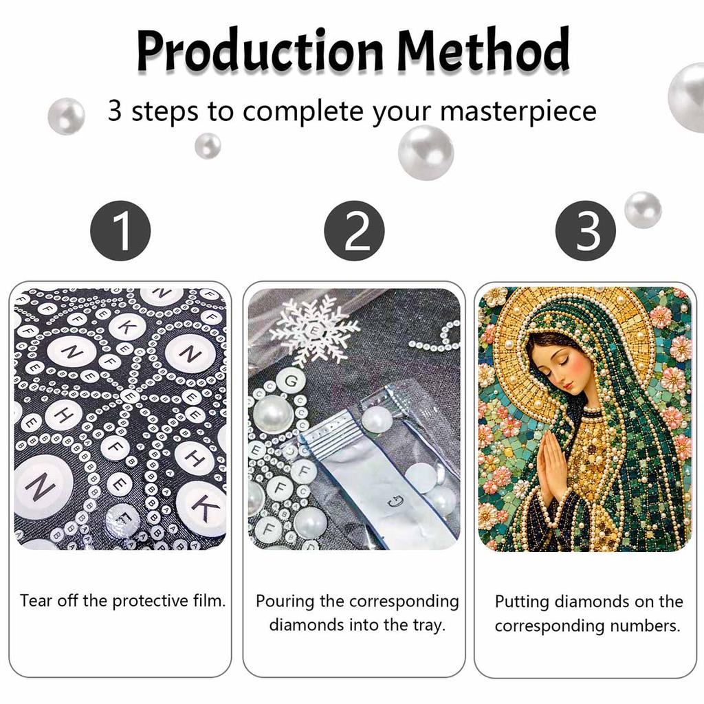 DIY Framed Pearl Bead Art Kit Religious Virgin Mary Floral Mosaic Sparkling Canvas Painting for Wall Decor Gift