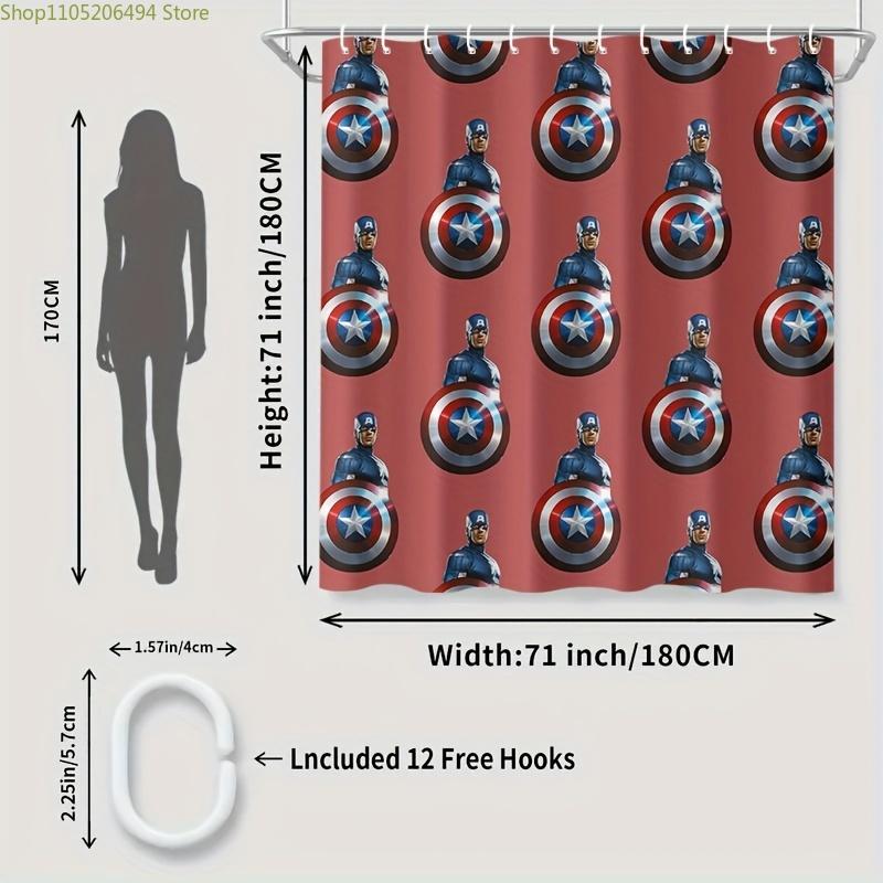 1pc Marvel Captain America Shower Curtain, Waterproof, Polyester, Machine Washable, with Hooks, Bathtub Partition, for Bathroo