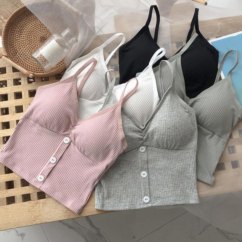 Fashion Ladies V-Neck Knitted Button Strap Vests Sexy Solid Colors Sleeveless Tank Tops Spring and Summer and Autumn Seamless Underwear Camisoles