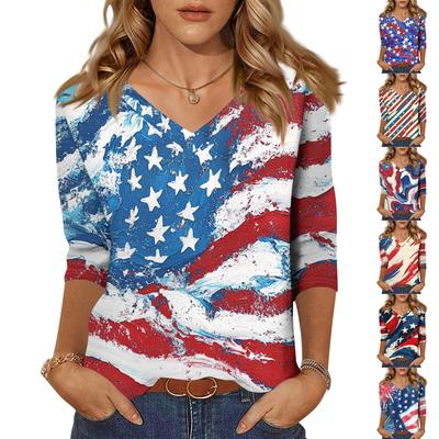Women's Tops Three-quarter Sleeve Shirt V-neck Loose Casual Shirt Floral Print T-shirt