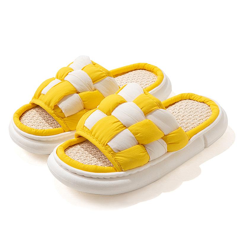 Fashion Simple Flax Lattice Spring Summer Women Slippers Home Floor Slippers for Women Couples Feeling Soft Bottom Linen Slippers