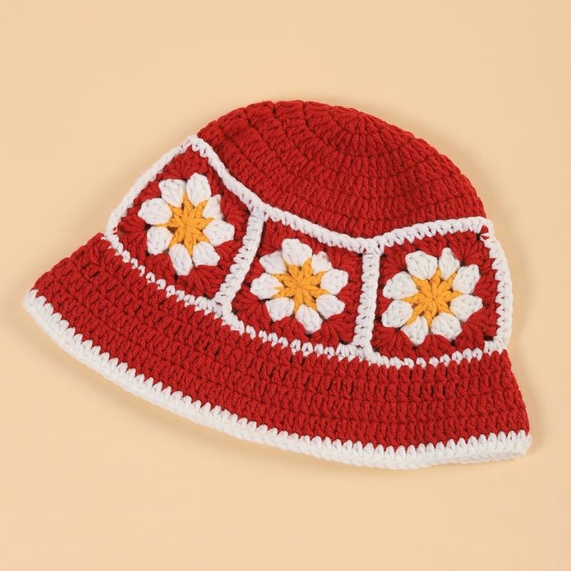Elegant Bucket Hat Floral Granny-square Crochet Hat Holiday Decors Vacation Hat Western Cloch Style for Schoolgirls