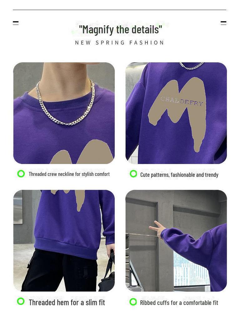Sweat-shirts tendance pour garçons avec imprimé de lettres coréennes: Manches longues, Coupe ample pour le printemps, l'automne et l'hiver – Nouveaux styles pour les grands enfants.