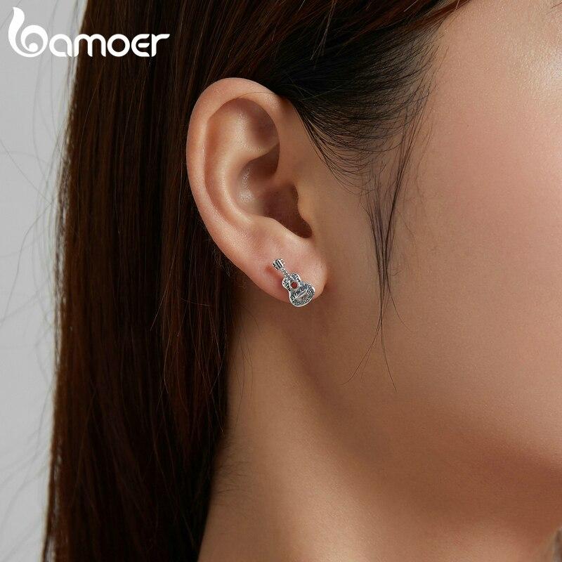 Bamoer 925 Sterling Silver Vintage Guitar Earrings Musical Instrument Earrings Melody Personality Jewelry for Women Jewelry Gift