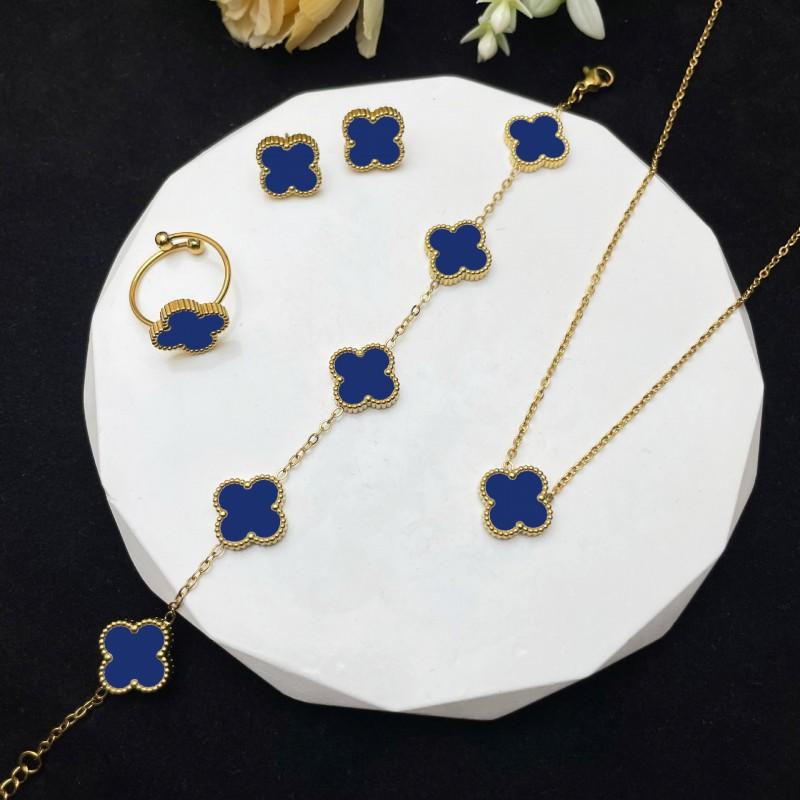 4 Piece Lucky Clover Jewelry Set Women Necklace Bracelet Earrings Ring In Titanium Steel With Electroplating