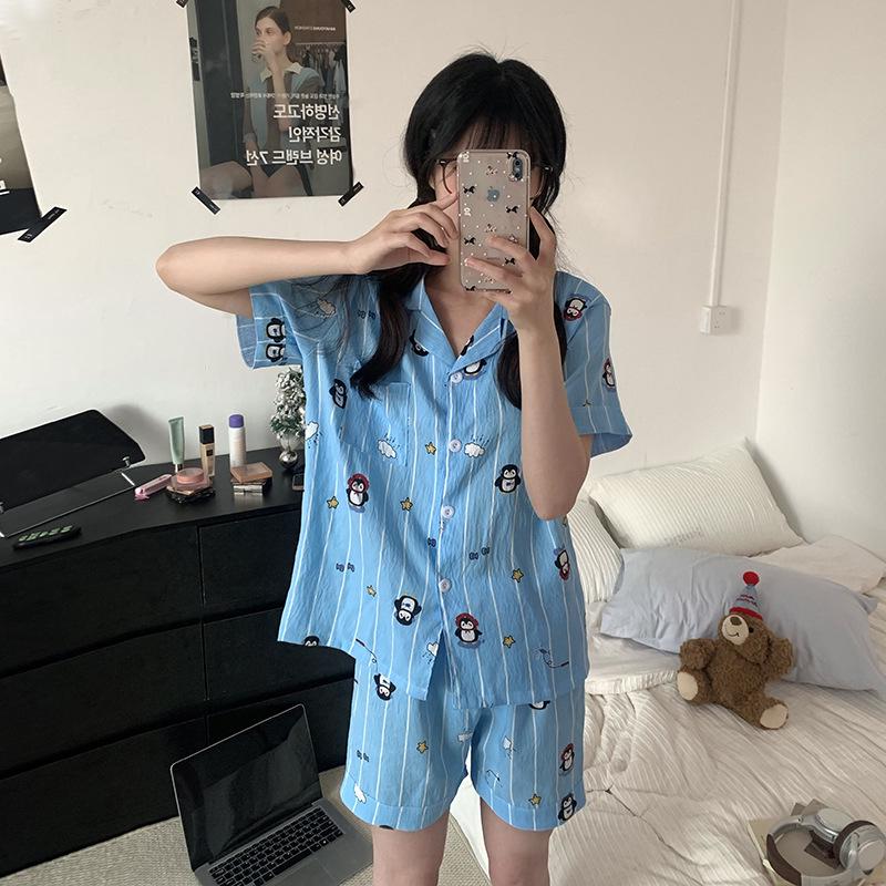 

Women s Cloud Cotton Dobby Pajama Set: Sweet Lapel & Double Short Sleeves M-L