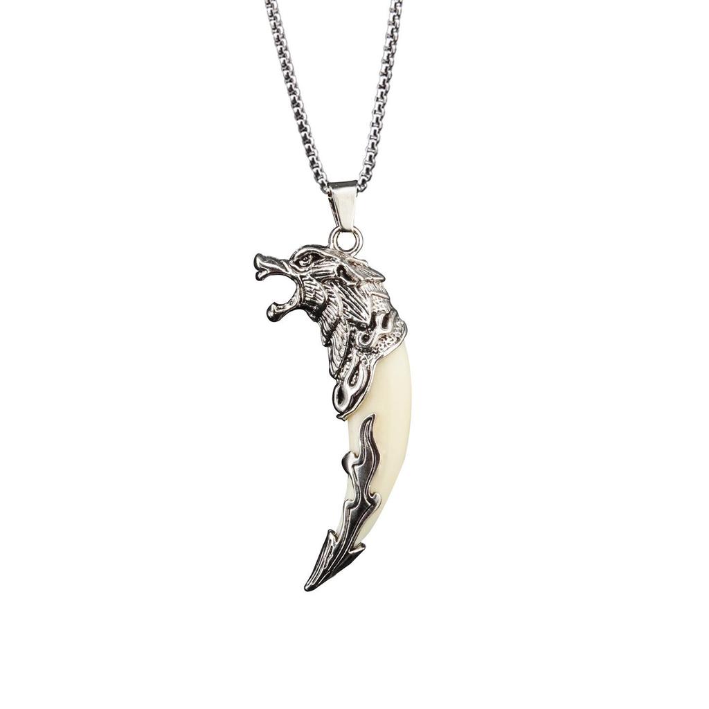 Men's Tibetan Faux Wolf Tooth Pendant Necklace, Titanium Steel Chain, Nepalese Style
