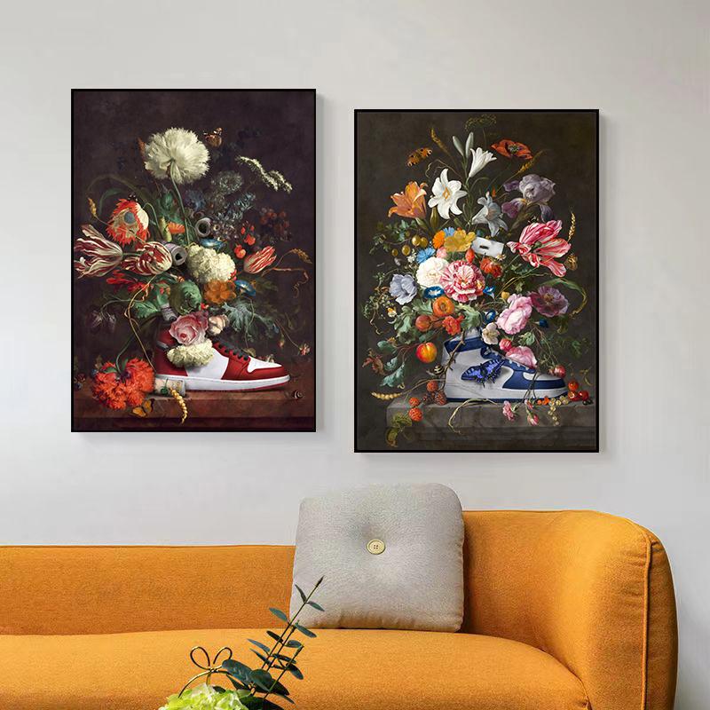 Large Size Floral Flora and Sneakers Canvas Painting Modern Art Posters Prints Wall Picture Artwork for Home Living Room Decor