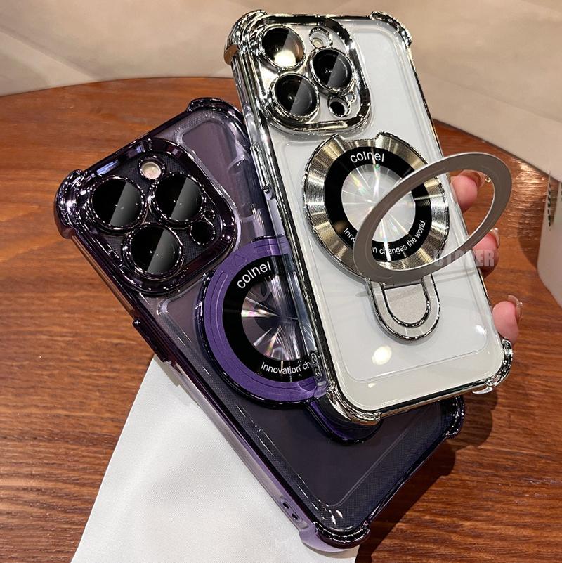 Metal Ring Kickstand Four Corners Shockproof Plating Clear Case For iPhone 16 15 14 13 11 Pro Max Plus Magsafe Magnetic Cover