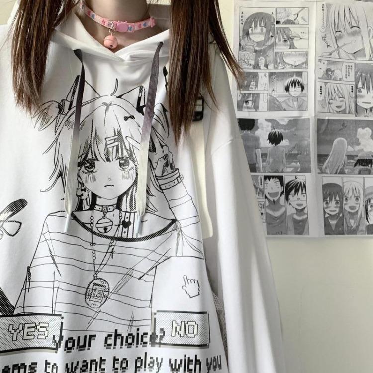 

Oversize Gothic Anime Hoodie Women Harajuku Streetwear Pullover Long Sleeve Black White Female Fashion Sweatshirt XL білий