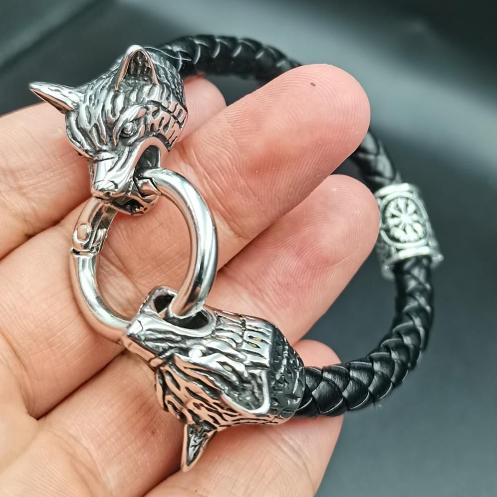 Wolf Head Bracelet Stainless Steel Viking Rune Bead Leather Bracelet Jewelry For Women Men Unisex Gift