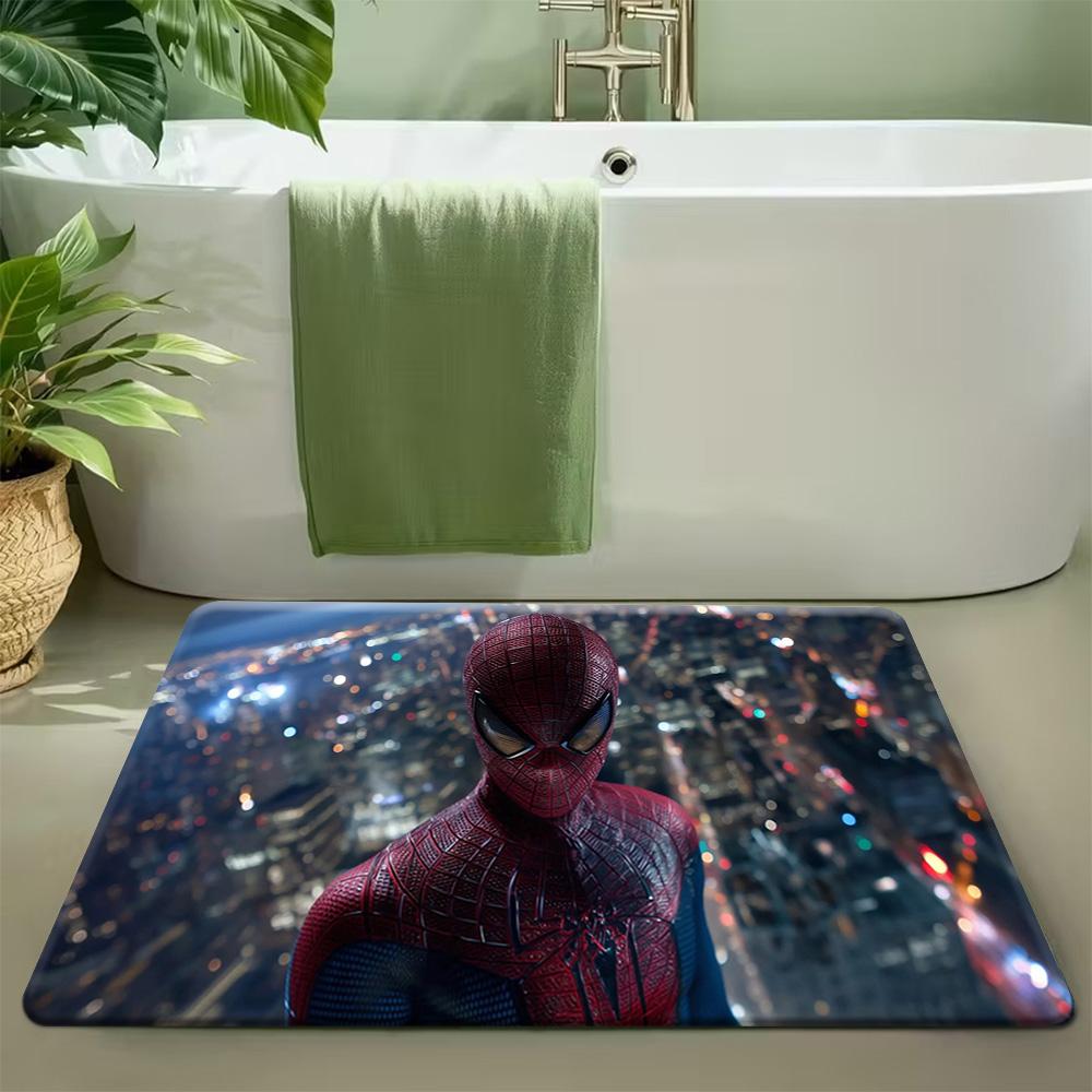 Bath Mat 1pc, Spider- Red Black Silhouette, MARVEL Flannel Rectangular Mat, Bathroom Non-Slip Entrance Mat, Fun Door Decoratio