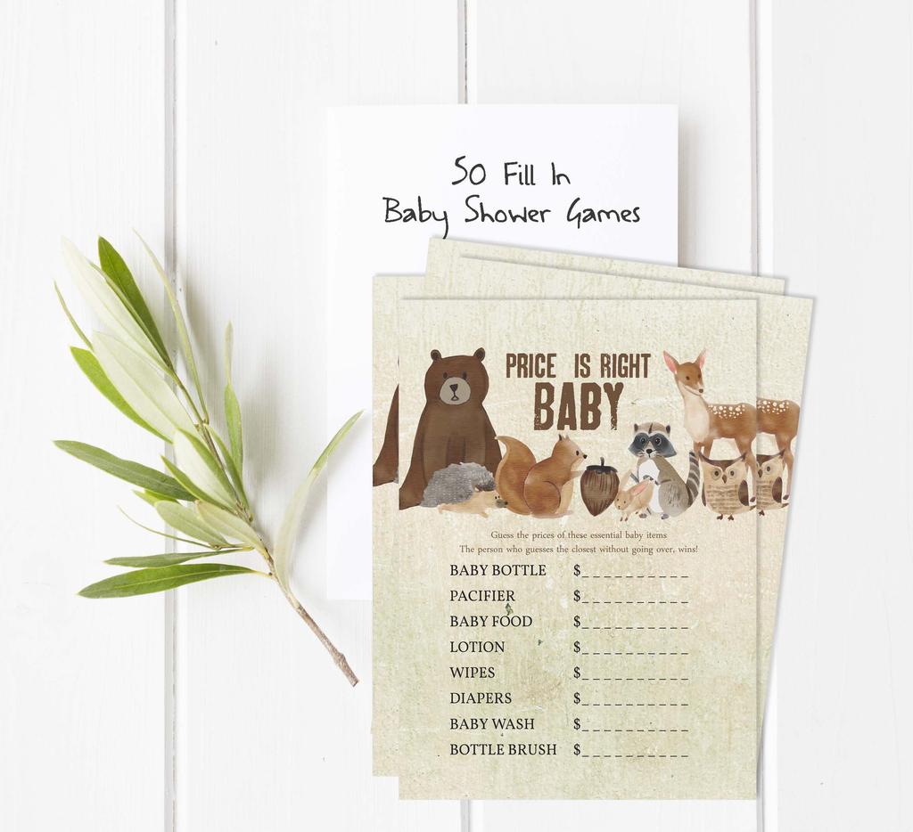 Inkdotpot If The Price Is Right Baby Shower Game Card Of 50 Gender Neutral Jungle Animals Baby Shower Party