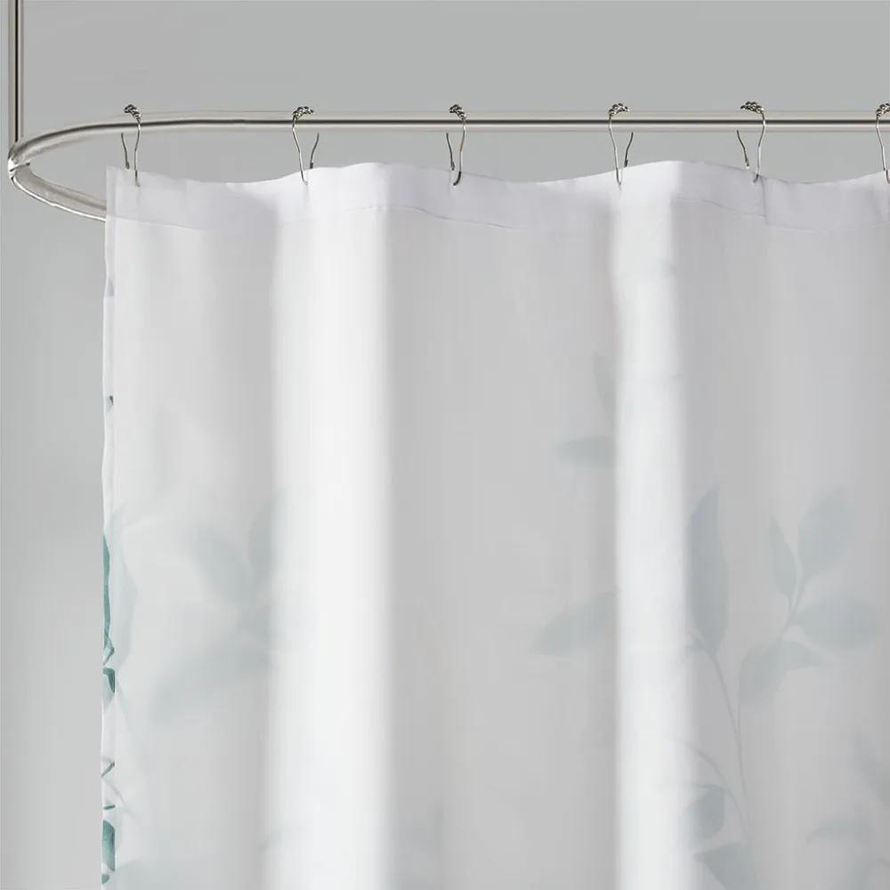 Elegant Green Leaf Shower Curtain for a Serene Bathroom, Featuring Delicate Branches and Leaves On a Soft White Background