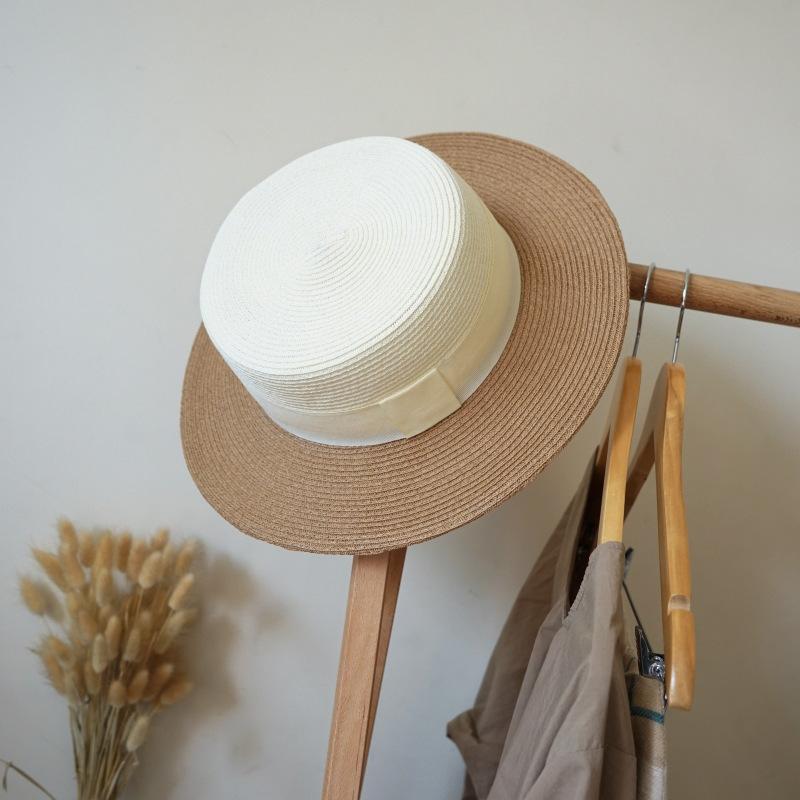 French Retro White Khaki Flat Top Top Top Hat Women'S Summer Sunshade Vacation Beach Sun Straw Hat Big Brim