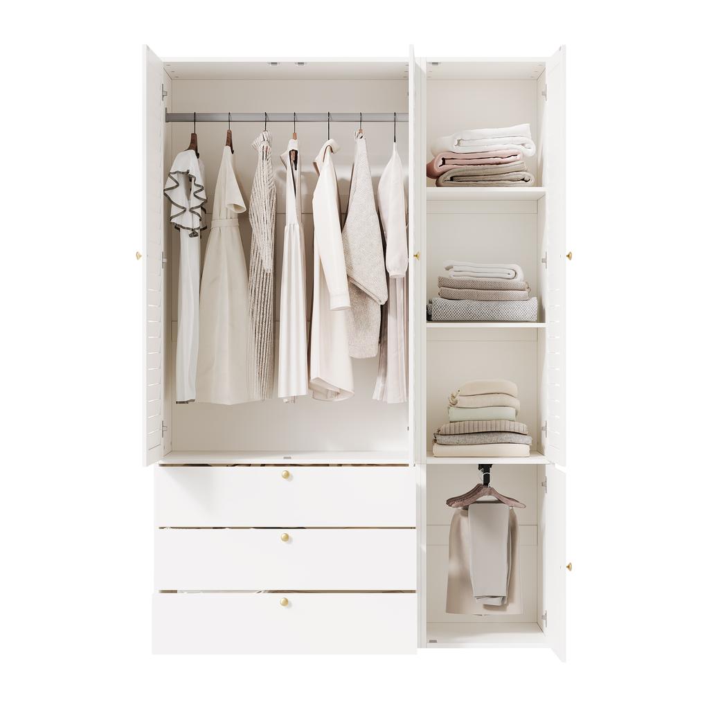 Wardrobe with 3 doors, slatted doors, white, 135 x 50 x 200 cm, with 1 trouser rack, 2 clothes rails and 3 drawers, for bedroom, children's room