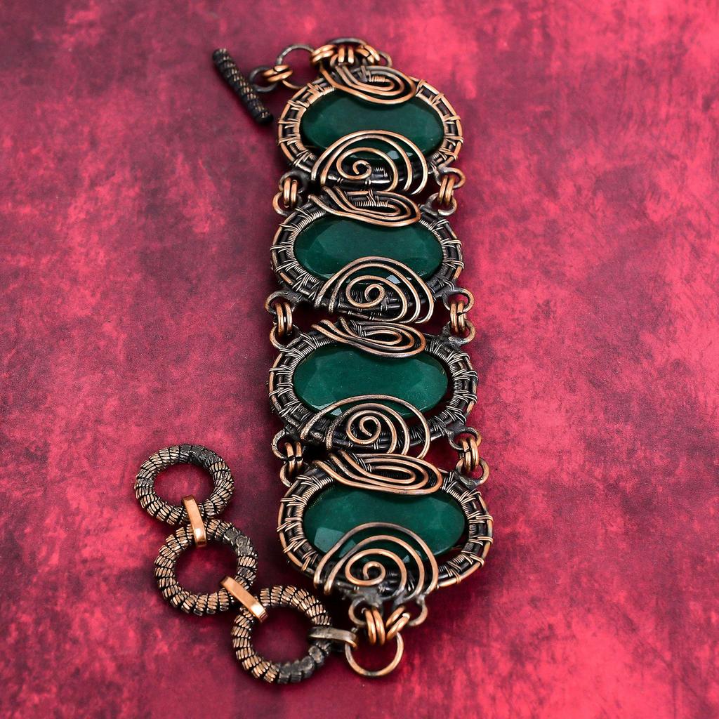Faceted zambian emerald bracelet copper wire wrapped bracelet adjustable chain bracelet copper gemstone jewelry handmade bracelet for gifts