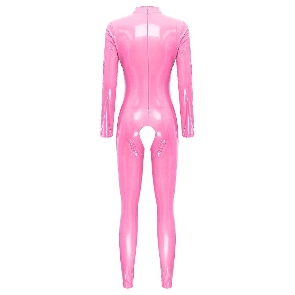 Womens Patent Leather Catsuit Hollow Out Design Mock Neck Long Sleeve Zipper Back Clubwear