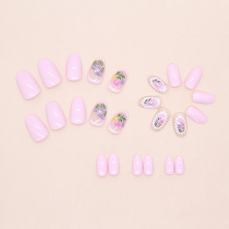 24Pcs Almond Press On Nail Flower French Fake Nail Acrylic False Nail,Artificial Nail Glues On Nail for Womens Girls