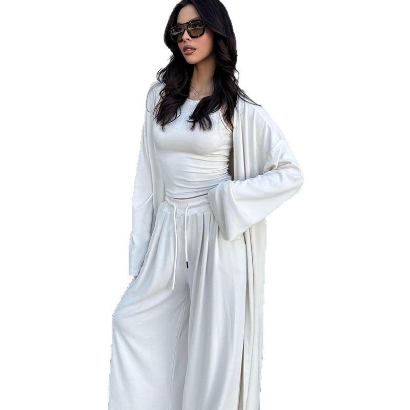 2025 Spring/Summer Women's Three-Piece Set: Casual Long Coat, Camisole, and Tie-Up Wide-Leg Pants