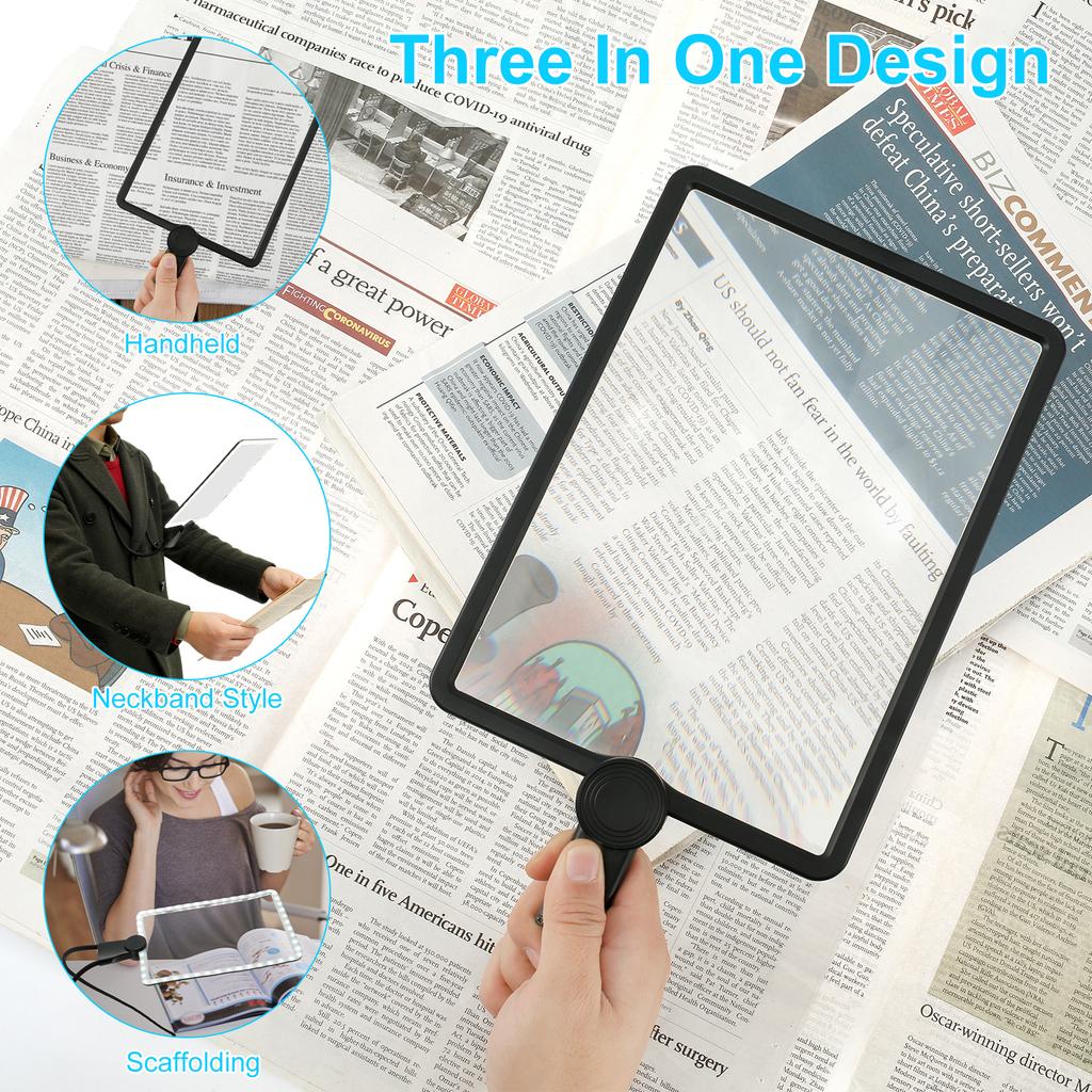 Hands Free Magnifying Glass 5X Dimmable Neck Wear Magnifier Square LED Magnifying Glass Full Book Page Reading Magnifier