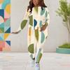Women Plus Size Two Piece Set Round Neck Long Sleeve Printed Top And Fitted Pants
