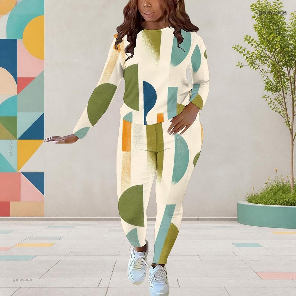 Women Plus Size Two Piece Set Round Neck Long Sleeve Printed Top And Fitted Pants