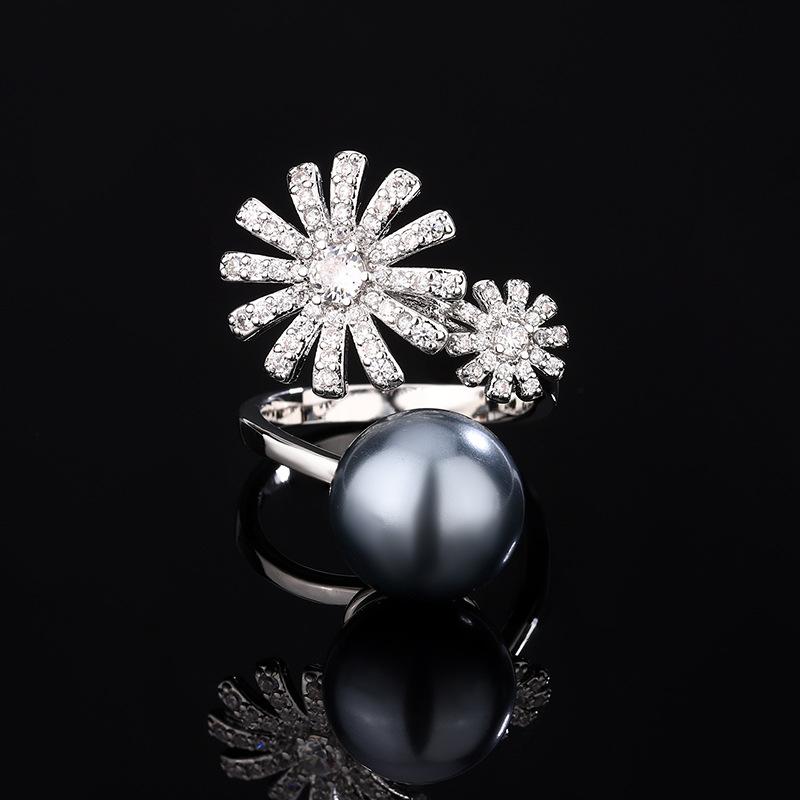 Jewelry Copper Platinum Plated With Simulation Pearl Diamond Flower Women'S Ring 14Mm