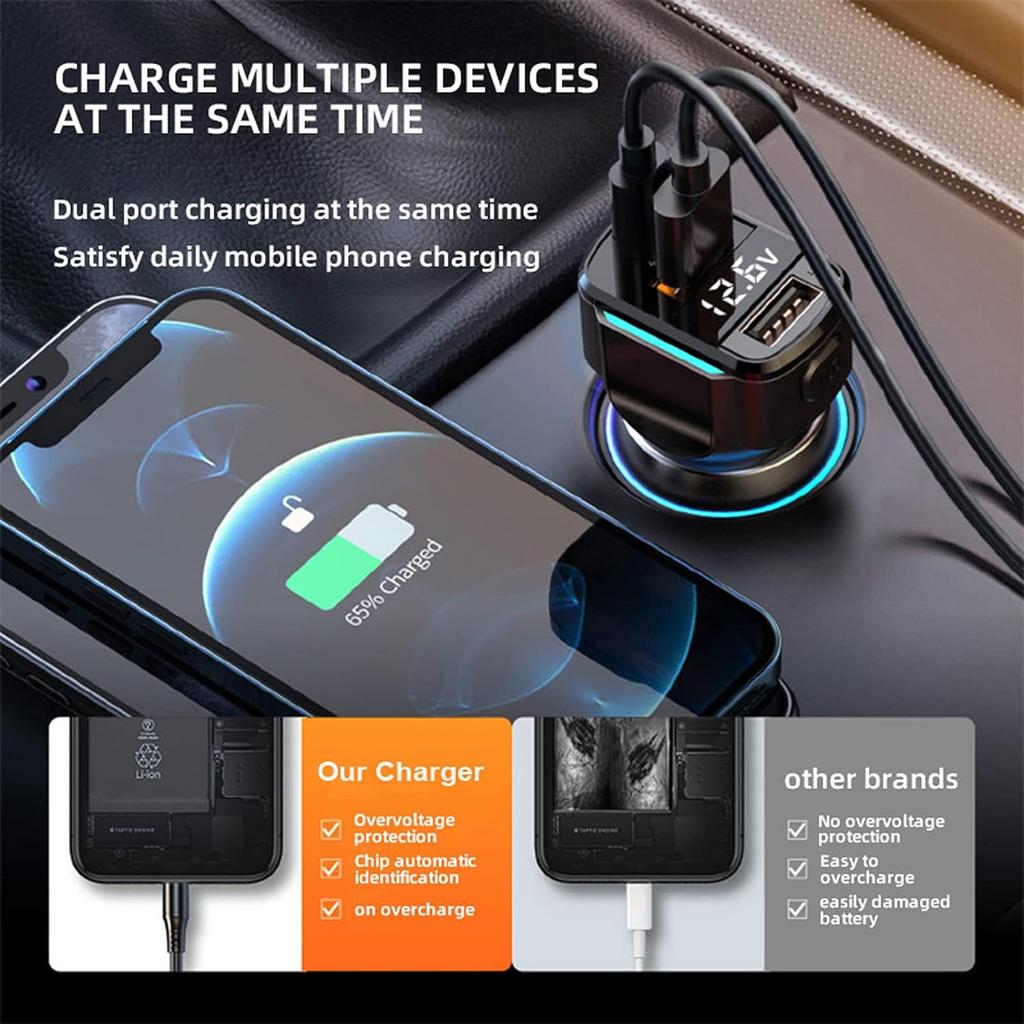 80W USB C Car Charger Cigarette Lighter and USB C Adapter, 3 Ports PD3.0 & QC3.0 Fast Car Charger Super Fast Charging with LED Voltmeter Car Device