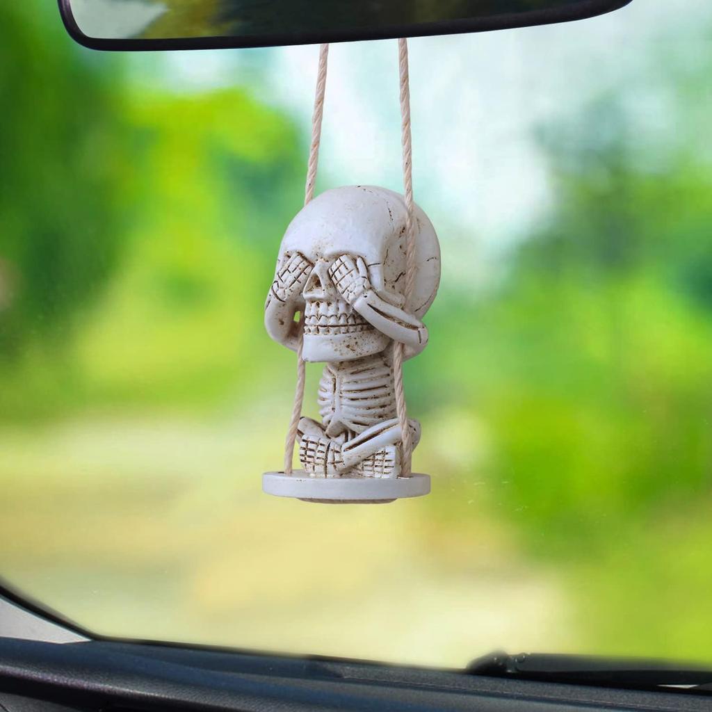 Skull Car Mirror Hanging Ornament with Christmas Hat Goth Auto Accessories for Men Women Swinging Skeleton Pendants Horror Things Spooky Charms Decor