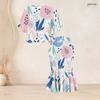 Women Plus Size Printed Round Neck Batwing Sleeve Ruffle Hem Top Fishtail Skirt Two Piece Set