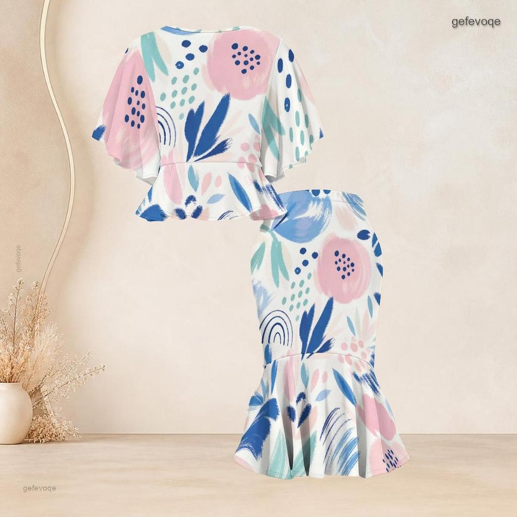 Women Plus Size Printed Round Neck Batwing Sleeve Ruffle Hem Top Fishtail Skirt Two Piece Set