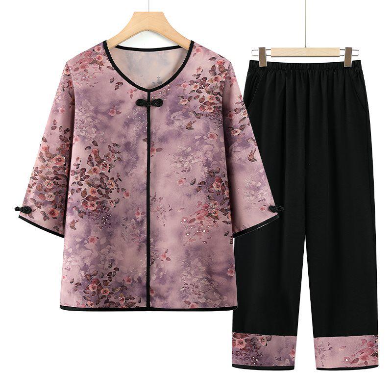 

Women s Summer Loose-Fit T-Shirt for Elderly - Three-Quarter Sleeve Top for Grandma 2XL (suggested for 50-57.5 kg) фиолетовый