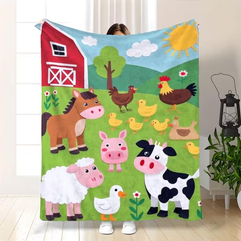 1pc Jumbo Large Farm Animal Blanket - Soft Flannel Bedspread Suitable Cozy Bed Covering, Base with Barn & Cows Pastoral Design,