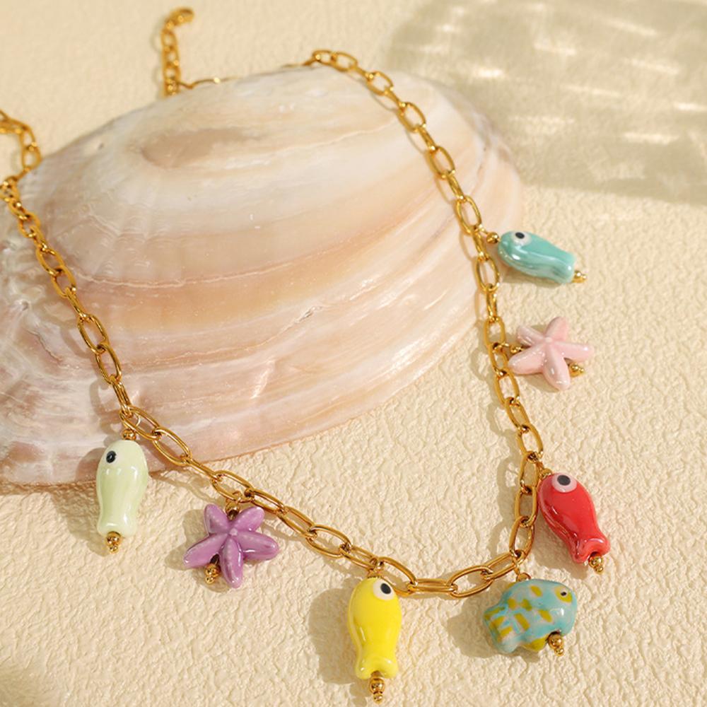 Stainless Steel Ceramic Starfish Fish Drop Y2K Necklace Bracelet Bangle for Women Tarnish Resistant Cute Handmade Jewelry New