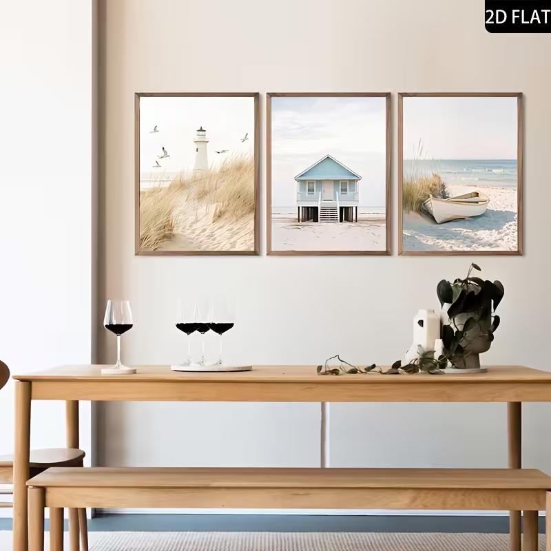 Modern Landscape Wall Decor, Small Fresh Beach, Lighthouse, Cottage, Boat, Wall Art Canvas Painting, Bedroom Living Room Wall Decoration