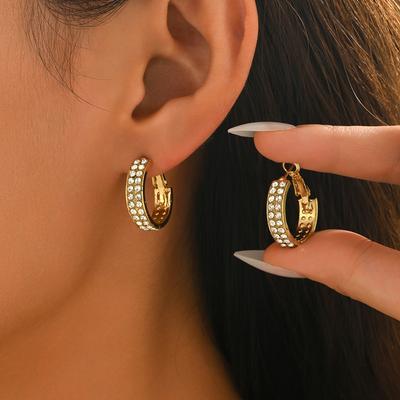 Chic Full Shiny Rhinestone Hoop Earrings Minimalist Style Gold / Silver Color Earrings Perfect for All Seasons For Women
