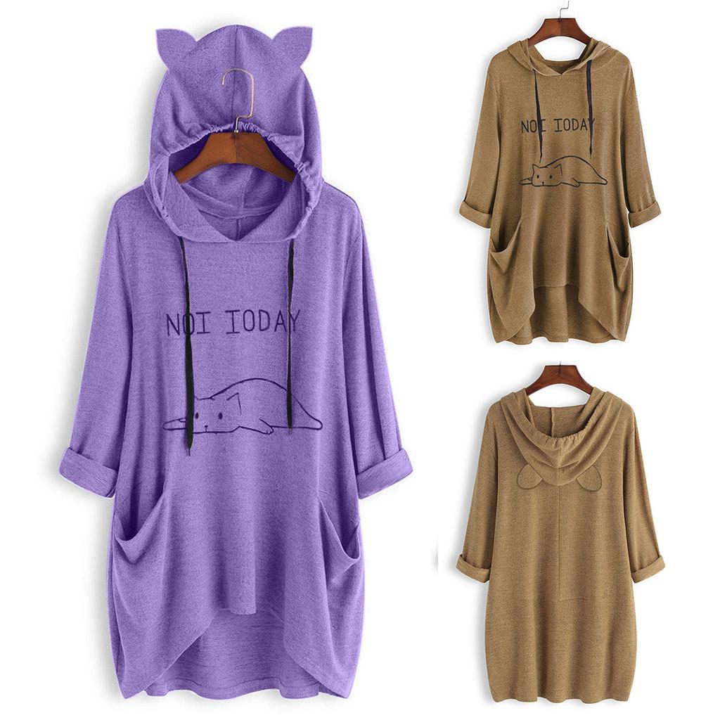Women Casual Lying Cat Printed Long Sleeve Cat Ear Hooded Sweatshirt Pocket Tops
