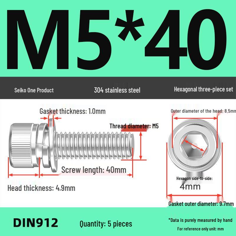 304 Stainless Steel Hex Socket Cap Screw with Washer - Sizes M3, M4, M5, M6, M8, M12