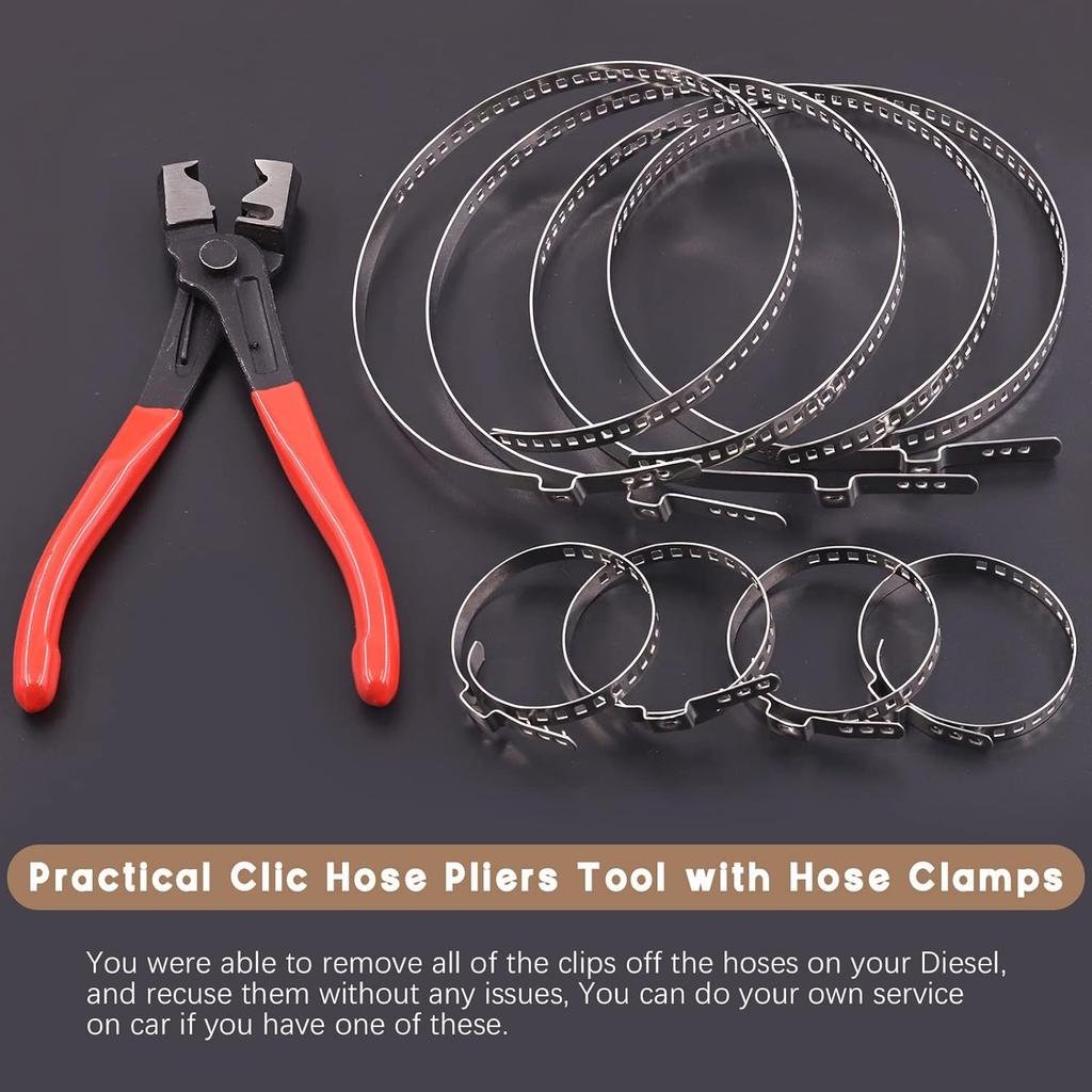 9Pcs Hose Clamp Pliers With CV Boot Clamp Kit, Small And Large Stainless Steel Universal Adjustable Drive Shaft CV Boot Crimp Clamp Clic-R Collar