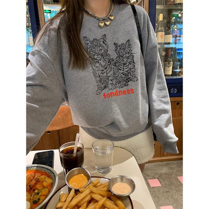 Crew neck sweater women's velvet outer wear graffiti cat personalized printing loose women's sweater