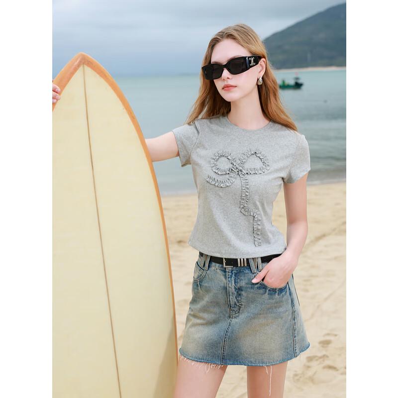 Sancai 2025 Summer High-Waist Raw Hem Denim Skirt S