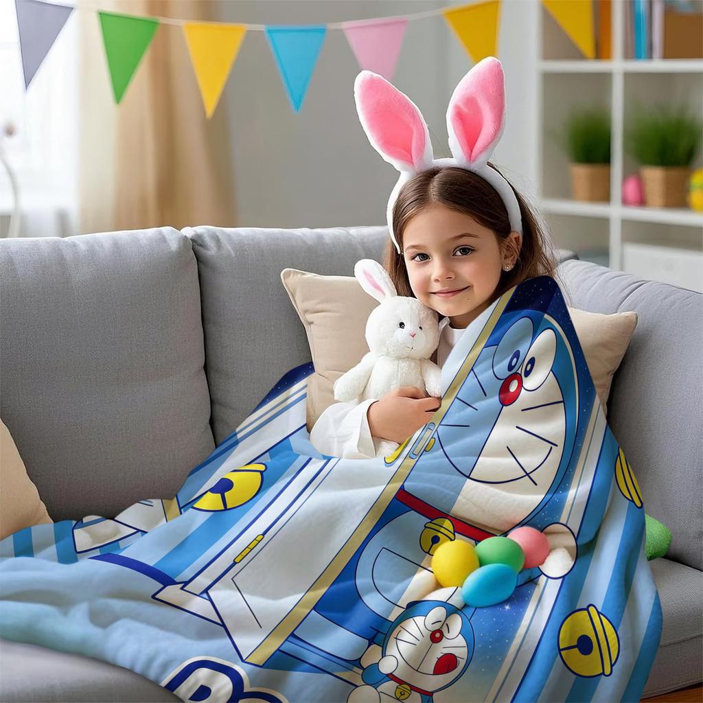 Doraemon Logo Pattern Fleece Blanket, Blue White Round Face with Red Nose Soft Throw, Cozy Couch Blanket for Kids Room