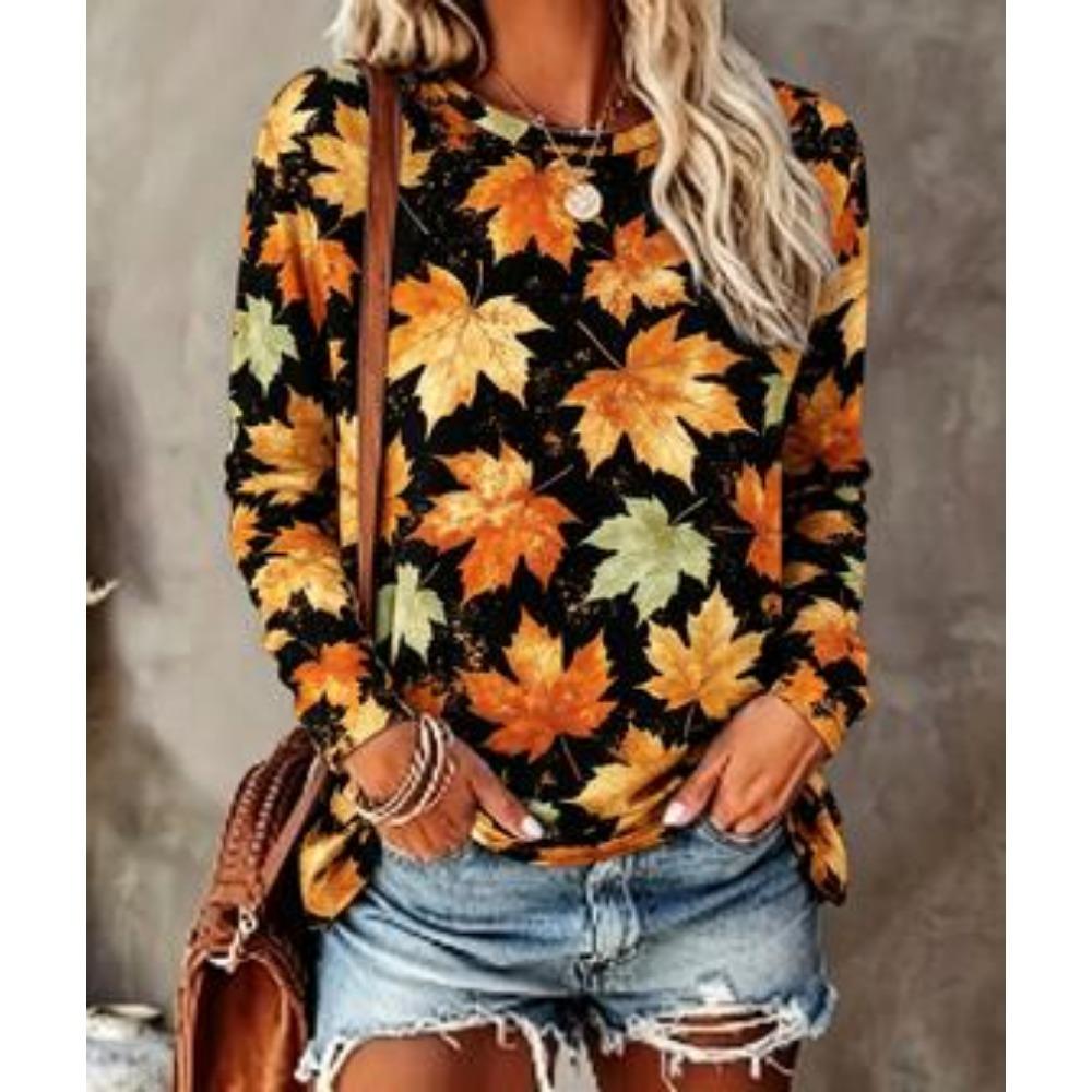 Women Long Sleeve T‑Shirt Autumn Maple Leaf Print Crew Neck Loose Fit Casual Fall Daily Blouse Tops