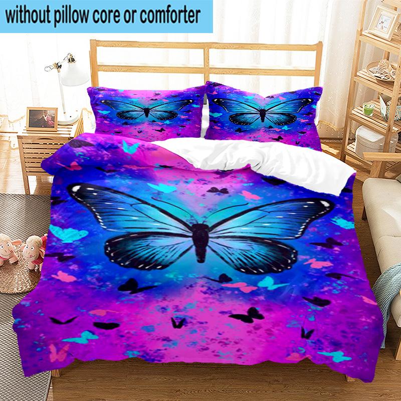 Purple Butterfly Dreams 3pcs Bedding,Including 1pc Duvet Cover And 2pcs Pillowcases Perfect for Christmas,Ideal for Bedroom, Dormitory