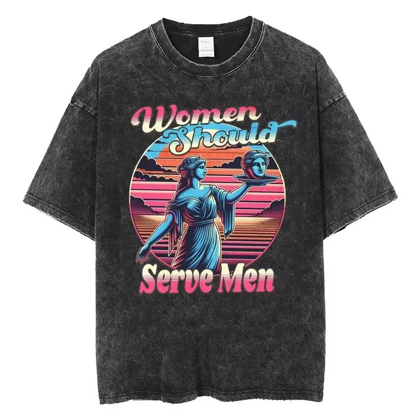 2026 Lavato Vintage Le Donne Sono Nata Per Servire Unisex Femminista Divertente Meme Maglietta Stile Romano Anni '90 Magliette Artistiche Unisex Magliette Unisex Oversize