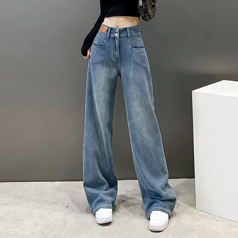 

Дизайнерские прямые джинсы для женщин. Новые свободные и утягивающие широкие брюки с завышенной талией большого размера. 3XL синий