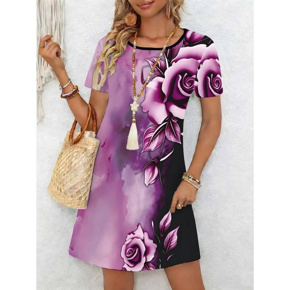 Ladies' Summer Short Sleeve Round Neck Casual Dress 3D Red Rose Pattern Print Comfortable Elegant Women's Clothing